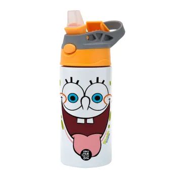 Μπομπ Σφουγγαράκης χαμόγελο, Παιδικό παγούρι θερμό, ανοξείδωτο, με καλαμάκι ασφαλείας, Πορτοκαλί/Γκρι (360ml) BPA-FREE