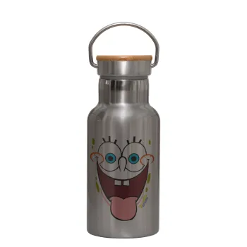 SpongeBob SquarePants smile, Stainless steel metallic thermos flask, silver with a bamboo lid, double-walled, 350ml.
