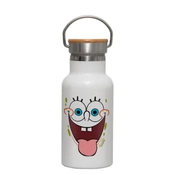 SpongeBob SquarePants smile, Metallic thermos (Stainless steel) White with wooden lid (bamboo), double-walled, 350ml