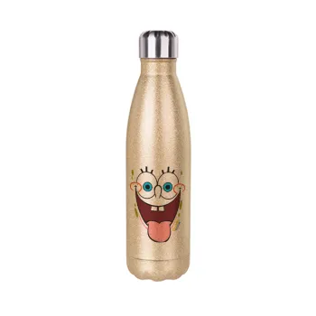 SpongeBob SquarePants smile, Glitter gold stainless steel thermos bottle, double-walled, 500ml