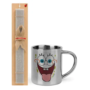 SpongeBob SquarePants smile, Easter Set, metallic thermal cup (300ml) & Easter aromatic flat candle (30cm) (GRAY)