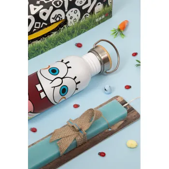 Μπομπ Σφουγγαράκης χαμόγελο, Πασχαλινή Λαμπάδα με παγούρι μεταλλικό (620ml, stainless steel) & κερί αρωματικό πλακέ (30cm) (ΤΙΡΚΟΥΑΖ)