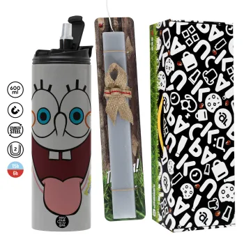 Μπομπ Σφουγγαράκης χαμόγελο, Πασχαλινή Λαμπάδα με Travel Tumbler θερμό (600ml, BPA free) & κερί αρωματικό πλακέ (30cm) (ΓΚΡΙ)