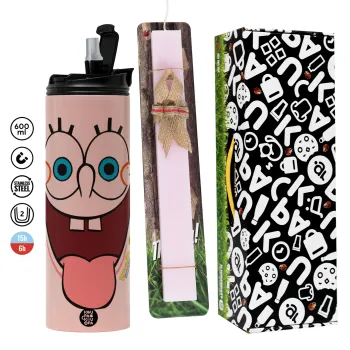 Μπομπ Σφουγγαράκης χαμόγελο, Πασχαλινή Λαμπάδα με  ΡΟΖ Travel Tumbler θερμό (600ml, BPA free) & κερί αρωματικό πλακέ (30cm) (ΡΟΖ)