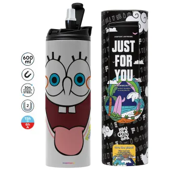 Μπομπ Σφουγγαράκης χαμόγελο, Tumbler ποτήρι θερμό ΓΚΡΙ από ανοξείδωτο ατσάλι 600ml