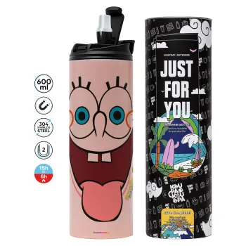 Μπομπ Σφουγγαράκης χαμόγελο, Tumbler ποτήρι θερμό ΡΟΖ από ανοξείδωτο ατσάλι 600ml