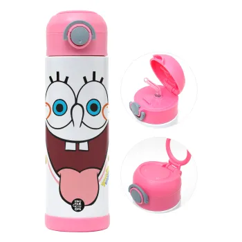 SpongeBob SquarePants smile, Children's hot water bottle, stainless steel, with safety straw, PINK (500ml)