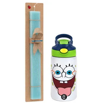 SpongeBob SquarePants smile, Easter Set, Children's thermal stainless steel bottle with safety straw, green/blue (350ml) & aromatic flat Easter candle (30cm) (TURQUOISE)