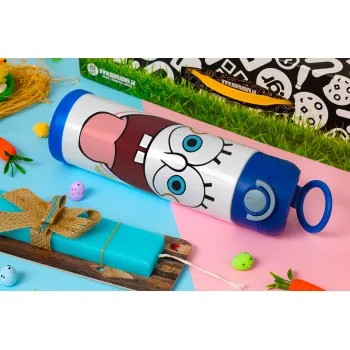 Μπομπ Σφουγγαράκης χαμόγελο, Πασχαλινή Λαμπάδα με Παιδικό παγούρι θερμό, ανοξείδωτο, με καλαμάκι ασφαλείας, ΜΠΛΕ (500ml)