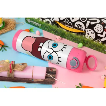 Μπομπ Σφουγγαράκης χαμόγελο, Πασχαλινή Λαμπάδα με Παιδικό παγούρι θερμό, ανοξείδωτο, με καλαμάκι ασφαλείας, ΡΟΖ (500ml)