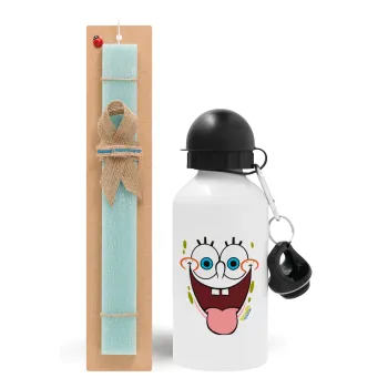 SpongeBob SquarePants smile, Easter Set, metallic aluminum water bottle (500ml) & scented flat candle (30cm) (TURQUOISE)