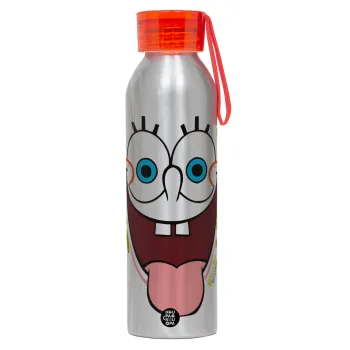 Μπομπ Σφουγγαράκης χαμόγελο, Αλουμινένιο Αθλητικό Μπουκάλι 650ml – Ασημί με Κόκκινο Καπάκι και Λουράκι Σιλικόνης