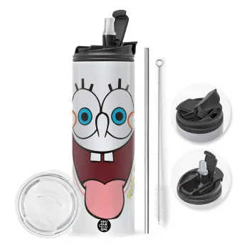 SpongeBob SquarePants smile, Travel Tumbler 2 Lids, with metal straw & cleaning brush (Stainless steel 304 Food grade, BPA free, 600ml)