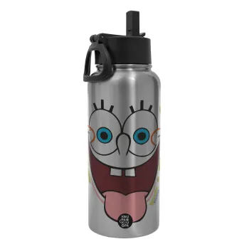 SpongeBob SquarePants smile, Metal mug thermo Silver with Straw and Spout Lid (Stainless steel), double wall, 950ml