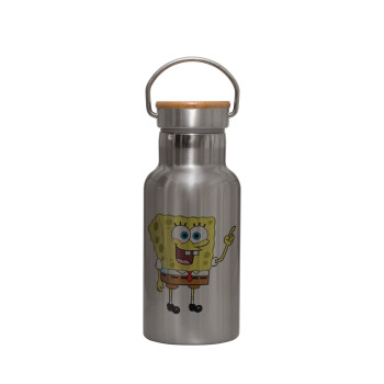 SpongeBob SquarePants character, Μεταλλικό παγούρι θερμός (Stainless steel) Ασημένιο με ξύλινο καπακι (bamboo), διπλού τοιχώματος, 350ml