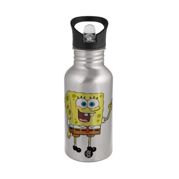 SpongeBob SquarePants character, Water bottle Silver with straw, stainless steel 500ml