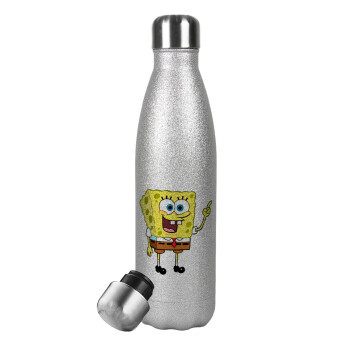 SpongeBob SquarePants character, Μεταλλικό παγούρι θερμός Glitter Aσημένιο (Stainless steel), διπλού τοιχώματος, 500ml