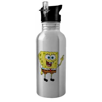 SpongeBob SquarePants character, Water bottle Silver with straw, stainless steel 600ml