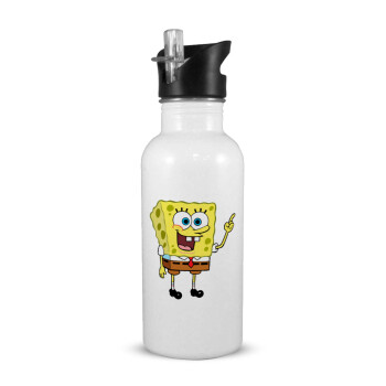 SpongeBob SquarePants character, White water bottle with straw, stainless steel 600ml