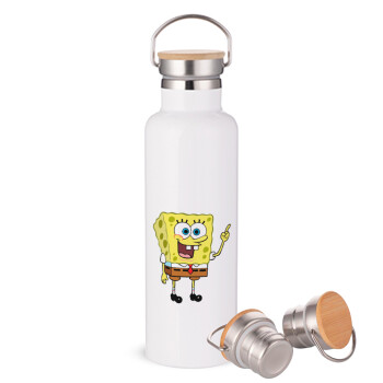 SpongeBob SquarePants character, Stainless steel White with wooden lid (bamboo), double wall, 750ml