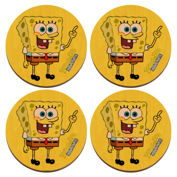 Μπομπ Σφουγγαράκης character, ΣΕΤ x4 Σουβέρ ξύλινα στρογγυλά plywood (9cm)