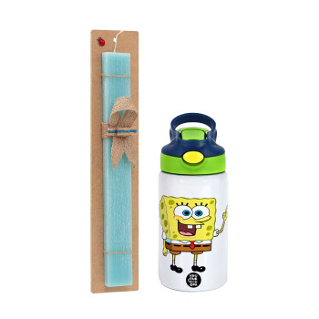 SpongeBob SquarePants character, Easter Set, Children's thermal stainless steel bottle with safety straw, green/blue (350ml) & aromatic flat Easter candle (30cm) (TURQUOISE)