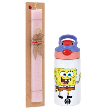 SpongeBob SquarePants character, Πασχαλινό Σετ, Παιδικό παγούρι θερμό, ανοξείδωτο, με καλαμάκι ασφαλείας, ροζ/μωβ (350ml) & πασχαλινή λαμπάδα αρωματική πλακέ (30cm) (ΡΟΖ)