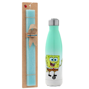 SpongeBob SquarePants character, Πασχαλινό Σετ, Μεταλλικό παγούρι θερμός Πράσινο/Λευκό (Stainless steel), διπλού τοιχώματος, 500ml & πασχαλινή λαμπάδα αρωματική πλακέ (30cm) (ΤΙΡΚΟΥΑΖ)