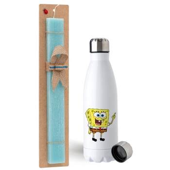 SpongeBob SquarePants character, Easter Set, metallic stainless steel water bottle (750ml) & aromatic flat Easter candle (30cm) (TURQUOISE)