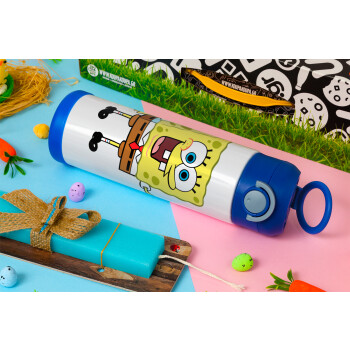 SpongeBob SquarePants character, Easter candle, Childrens hot water bottle, stainless steel, with safety straw, BLUE (500ml)