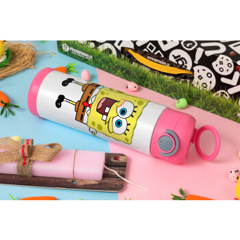 SpongeBob SquarePants character, Easter candle, Childrens hot water bottle, stainless steel, with safety straw, PINK (500ml)