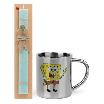 SpongeBob SquarePants character, Easter Set, metallic thermal cup (300ml) & aromatic flat Easter candle (30cm) (TURQUOISE)