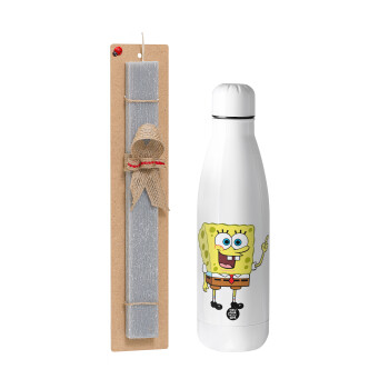 SpongeBob SquarePants character, Easter Set, metallic stainless thermos bottle (500ml) & scented flat Easter candle (30cm) (GRAY)