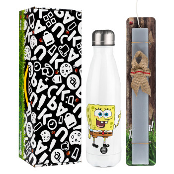 SpongeBob SquarePants character, Easter candle, metallic white thermos bottle (500ml) & aromatic flat candle (30cm) (GRAY)