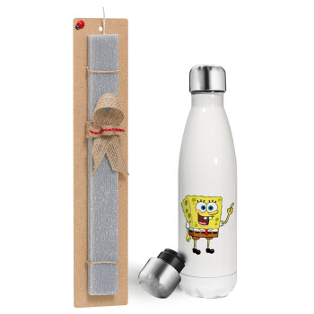 SpongeBob SquarePants character, Πασχαλινή λαμπάδα, μεταλλικό παγούρι θερμός λευκός (500ml) & λαμπάδα αρωματική πλακέ (30cm) (ΓΚΡΙ)