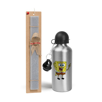 SpongeBob SquarePants character, Easter Set, metallic silver aluminum water bottle (500ml) & aromatic flat Easter candle (30cm) (GRAY)