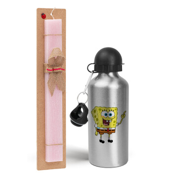 SpongeBob SquarePants character, Πασχαλινό Σετ, παγούρι μεταλλικό Ασημένιο αλουμινίου (500ml) & πασχαλινή λαμπάδα αρωματική πλακέ (30cm) (ΡΟΖ)