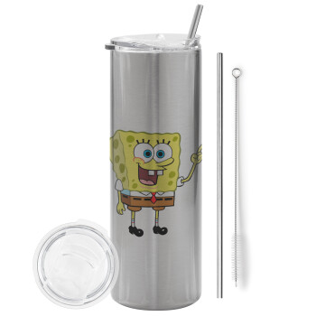 SpongeBob SquarePants character, Eco friendly stainless steel Silver tumbler 600ml, with metal straw & cleaning brush