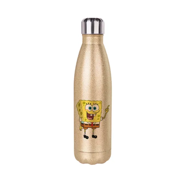 SpongeBob SquarePants character — Glitter gold stainless steel thermos bottle, double-walled, 500ml
