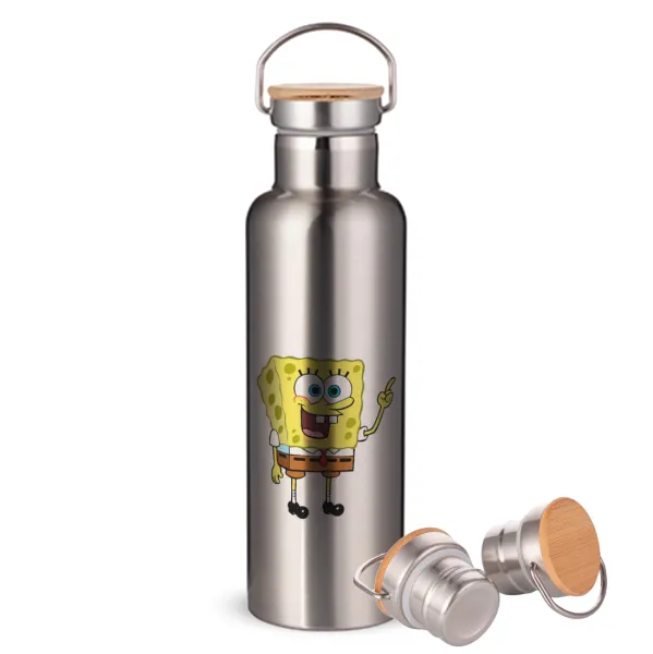 SpongeBob SquarePants character — Stainless steel Silver with wooden lid (bamboo), double wall, 750ml