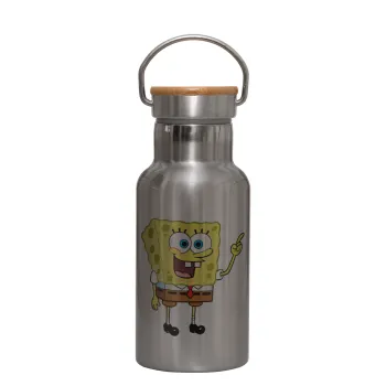 SpongeBob SquarePants character, Stainless steel metallic thermos flask, silver with a bamboo lid, double-walled, 350ml.