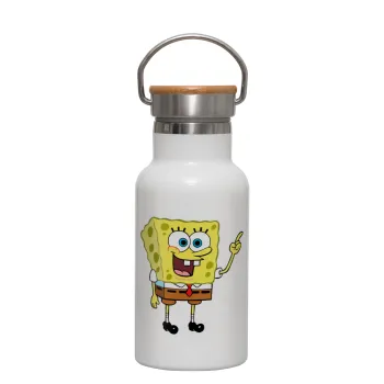 SpongeBob SquarePants character, Metallic thermos (Stainless steel) White with wooden lid (bamboo), double-walled, 350ml