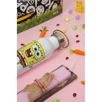 Μπομπ Σφουγγαράκης character, Πασχαλινή Λαμπάδα με παγούρι μεταλλικό (620ml, stainless steel) & κερί αρωματικό πλακέ (30cm) (ΡΟΖ)