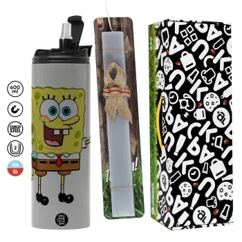 Μπομπ Σφουγγαράκης character, Πασχαλινή Λαμπάδα με Travel Tumbler θερμό (600ml, BPA free) & κερί αρωματικό πλακέ (30cm) (ΓΚΡΙ)