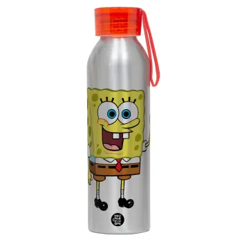 Μπομπ Σφουγγαράκης character, Αλουμινένιο Αθλητικό Μπουκάλι 650ml – Ασημί με Κόκκινο Καπάκι και Λουράκι Σιλικόνης