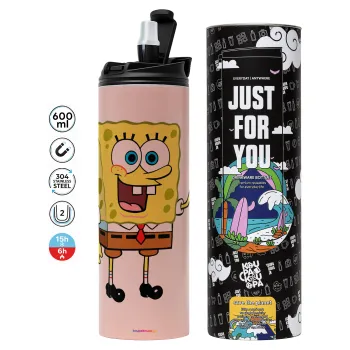 Μπομπ Σφουγγαράκης character, Tumbler ποτήρι θερμό ΡΟΖ από ανοξείδωτο ατσάλι 600ml