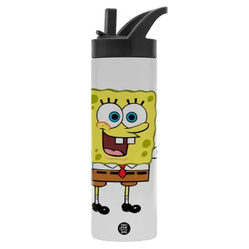 SpongeBob SquarePants character, Metallic thermos bottle with straw & handle, stainless steel (Stainless steel 304), double-walled, 600ml.
