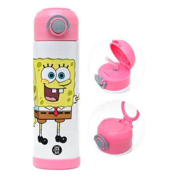 SpongeBob SquarePants character, Children's hot water bottle, stainless steel, with safety straw, PINK (500ml)