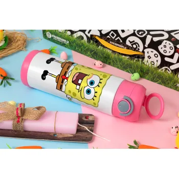 Μπομπ Σφουγγαράκης character, Πασχαλινή Λαμπάδα με Παιδικό παγούρι θερμό, ανοξείδωτο, με καλαμάκι ασφαλείας, ΡΟΖ (500ml)