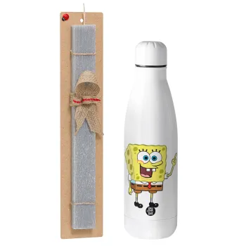 Μπομπ Σφουγγαράκης character, Πασχαλινή Λαμπάδα με μεταλλικό παγούρι θερμός ανοξείδωτο (500ml) & κερί αρωματικό πλακέ (30cm) (ΓΚΡΙ)